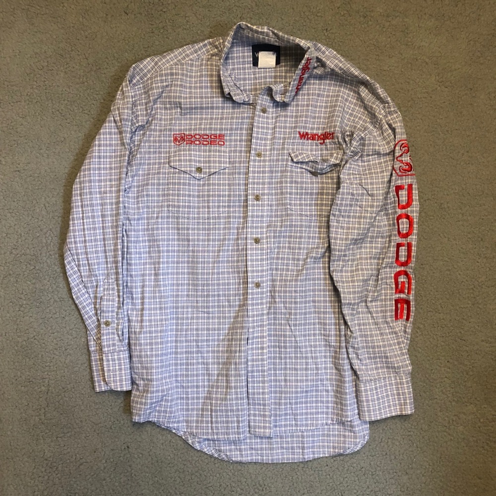 Vtg Y2K Wrangler Dodge Rodeo Shirt Mens Medium Blue Plaid Western Button Up L/S
